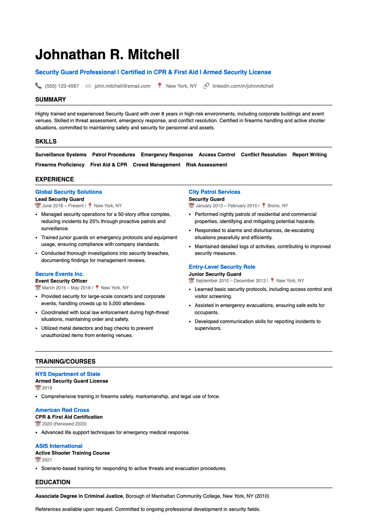 Professional security officer resume with healthcare experience and CPR certification_variant_3